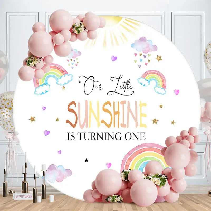Lovely Rainbow Cloud Sunshine Round Birthday Backdrop - Aperturee