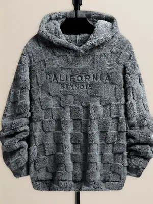 Men's Letter Embroidery Drop Shoulder Fuzzy Hoodie, Regular Fit Casual Fashion Fabric Long Sleeve Hooded Sweatshirt for Sprin...
