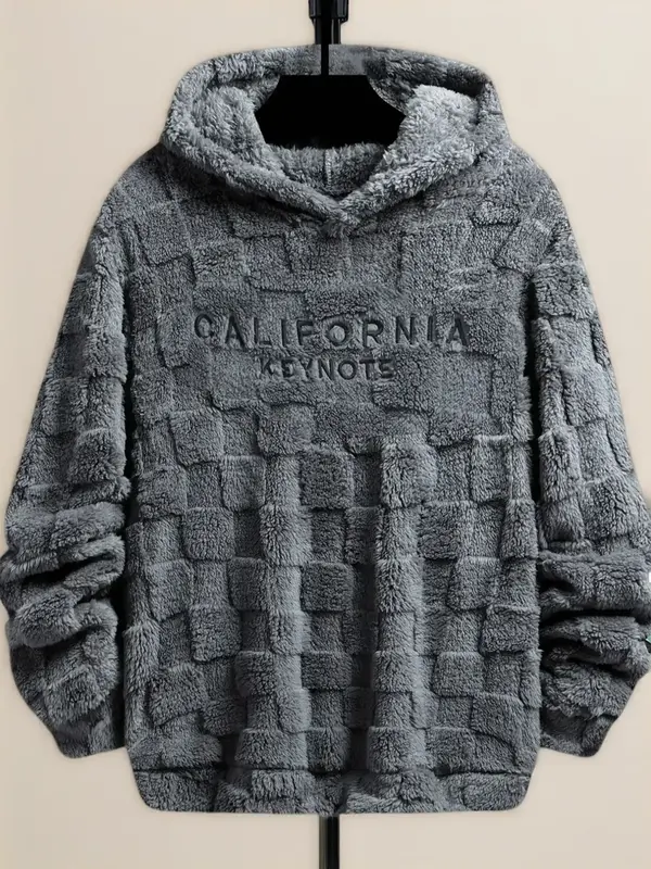 Men's Letter Embroidery Drop Shoulder Fuzzy Hoodie, Regular Fit Casual Fashion Fabric Long Sleeve Hooded Sweatshirt for Sprin...