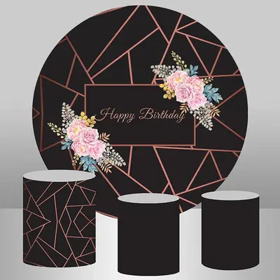 Aperturee Simple Pink Floral Happy Birthday Black Round Backdrop | Circle Party Backdrop | Birthday Backdrop Ideas | Birthday...