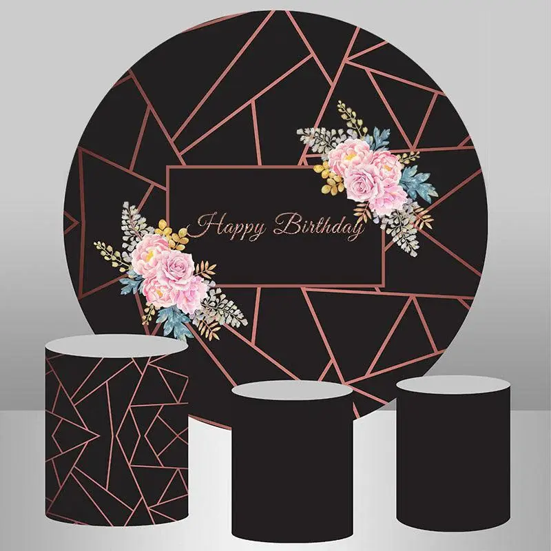 Aperturee Simple Pink Floral Happy Birthday Black Round Backdrop | Circle Party Backdrop | Birthday Backdrop Ideas | Birthday...