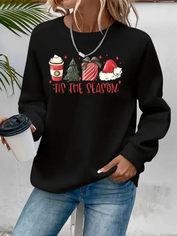 Women's Cartoon Christmas Graphic Print Round Neck Sports Sweatshirt, Airport Outfit, Casual Fashion Drop Shoulder Long Slee...