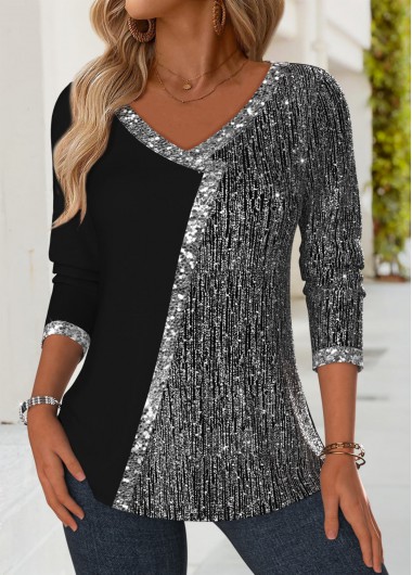 Modlily Black Patchwork Long Sleeve V Neck T Shirt - XXL