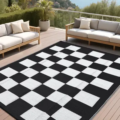 Garvee Waterproof Outdoor Rug - Modern Checkered Plastic Straw Mat - Reversible & UV-Resistant - Durable Geometric Patio Carp...