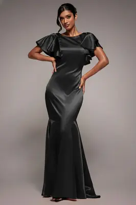 Goddiva Satin Flutter Sleeve Mermaid Maxi - Black