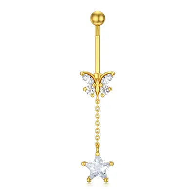 14K Gold Cubic Zirconia Butterfly & Star Belly Button Ring