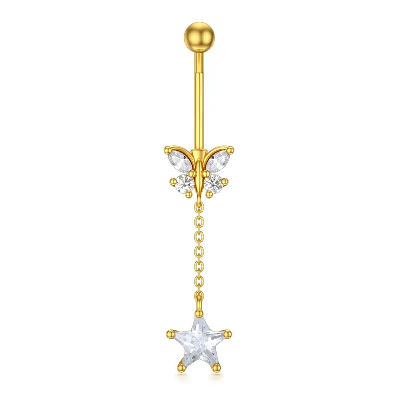 14K Gold Cubic Zirconia Butterfly & Star Belly Button Ring