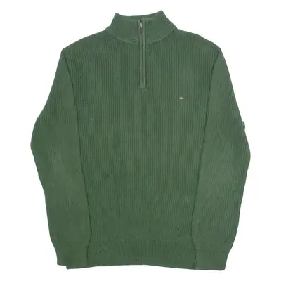 TOMMY HILFIGER Mens Jumper Green 1/4 Zip Chunky Knit L