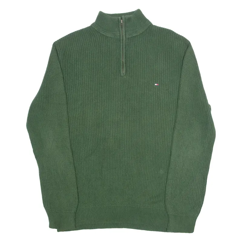 TOMMY HILFIGER Mens Jumper Green 1/4 Zip Chunky Knit L