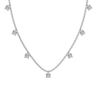 Rhodium Plated 925 Sterling Silver Pave Clear Cubic Zirconia Square Tassel Necklaces