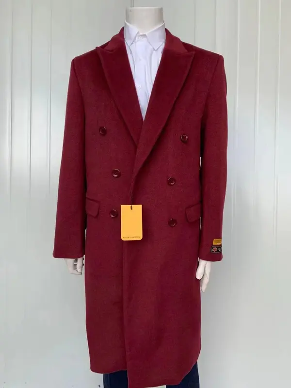 Mens Full Length Wool and Cashmere Overcoat - Winter Topcoats - Maroon Coat