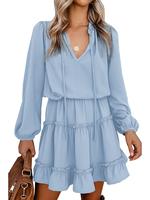 BTFBM Women Casual Summer Spring Dresses 2025 Tie Neck Long Sleeve High Waist Tiered Ruffle Aline Swing Tunic Mini Dress #Out...