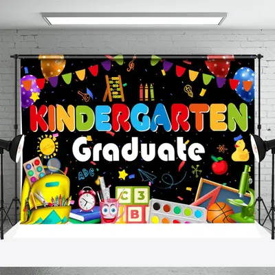 Colorful Stationery Black Kindergarden Grad Backdrop - Aperturee