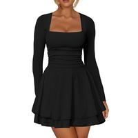 Kaximil Women's Square Neck Ruffle Hem Mini Dress Ruched Waist Long Sleeve Corset Short Party Dresses Lady Comfort Festival B...