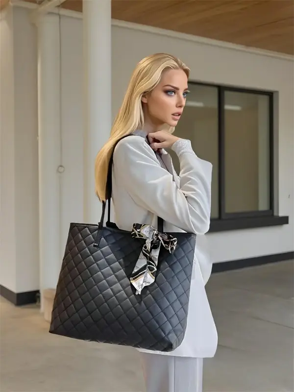Rhombus Quilted Pattern Tote Bag, Scarf Bow Decoration Casual Shoulder Wide Strap Crossbody Bag, Luxury Bag Set, Cute Plush P...