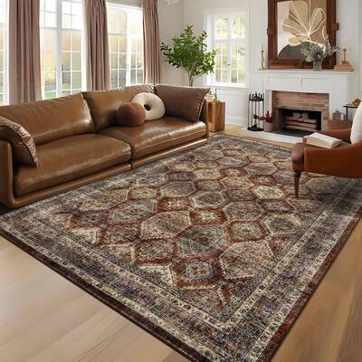 Garvee Persian Brown-Red 8x10 Vintage Washable Area Rug Low-Pile Non-Slip Retro pattern, Foldable Stain-Resistant Rug for Liv...