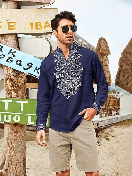 Henley Long Sleeve Shirt (US Only), Blue / M