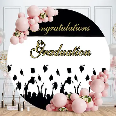 Aperturee Black And White Golden Theme Graduation Round Backdrop