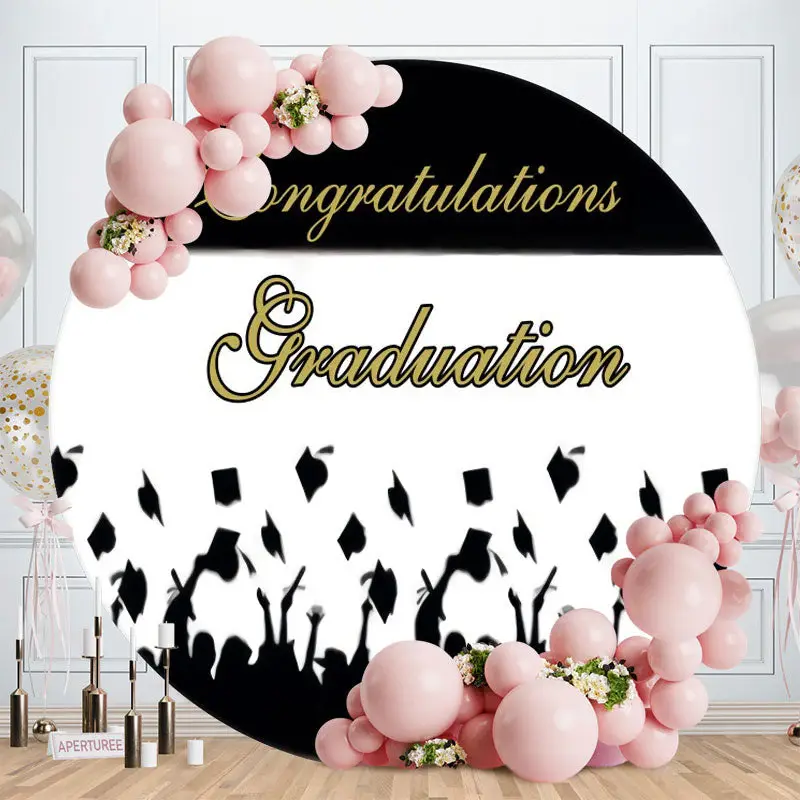 Aperturee Black And White Golden Theme Graduation Round Backdrop