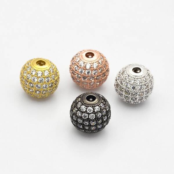 CZ Brass Micro Pave Grade AAA Clear Color Cubic Zirconia Round Beads