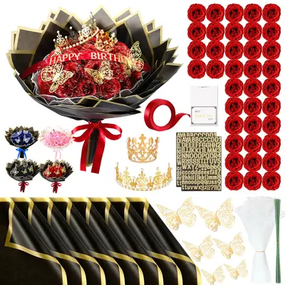 24/36 Pcs Birthday Gift Glitter Roses Bouquet Artificial Rose Eternal Roses with Alphabet Stickers Ribbons Wrapping Paper 3D ...