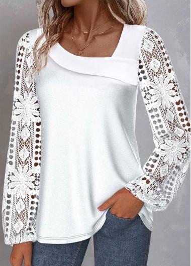 Modlily White Patchwork Plus Size Long Sleeve Asymmetrical Neck Blouse - 2X
