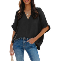 Dokotoo Casual Women's Short Sleeve V-Neck 100% Cotton Breathable Oversized Solid Shirt & Top