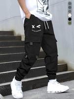 Men's Cartoon Face & Letter Print Cargo Pants, Regular Fit Casual Western Style Pocket Drawstring Trousers, Fashion Men's Bot...
