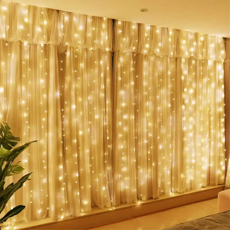 (6 Colors)300LED Fairy Curtain Lights, 9.8x9.8Ft Warm White USB Plug in 8 Modes Christmas String Hanging Lights with Remote f...