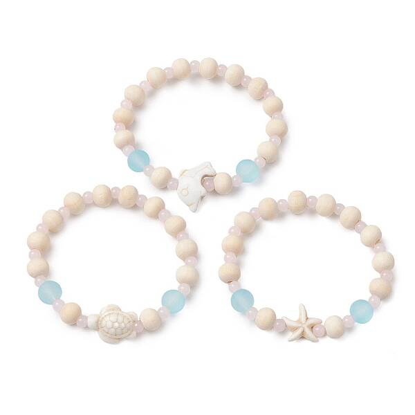3 Pcs Synthetic Turquoise & Wood & Glass Beaded Stretch Bracelets for Boys Girls