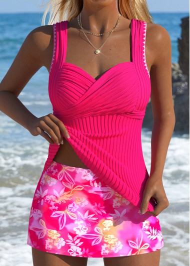 Modlily Mid Waisted Floral Print Hot Pink Tankini Set - XXL