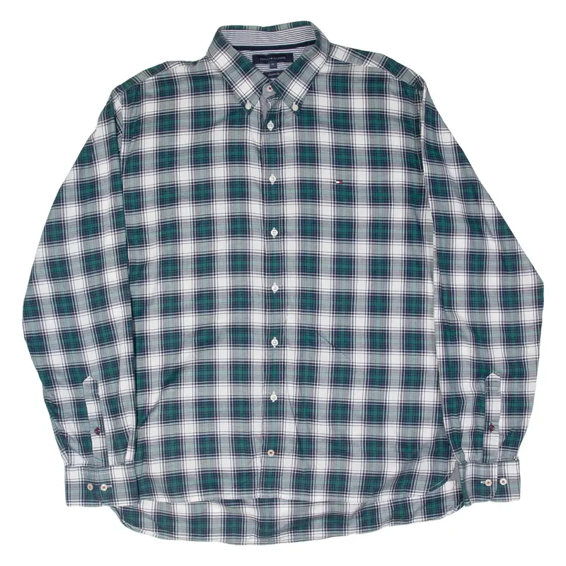 TOMMY HILFIGER Custom Fit Mens Shirt Green Plaid Long Sleeve XL