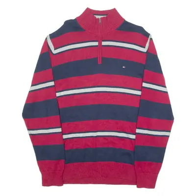 TOMMY HILFIGER Mens Patterned Jumper Red Striped 1/4 Zip Tight Knit 2XL