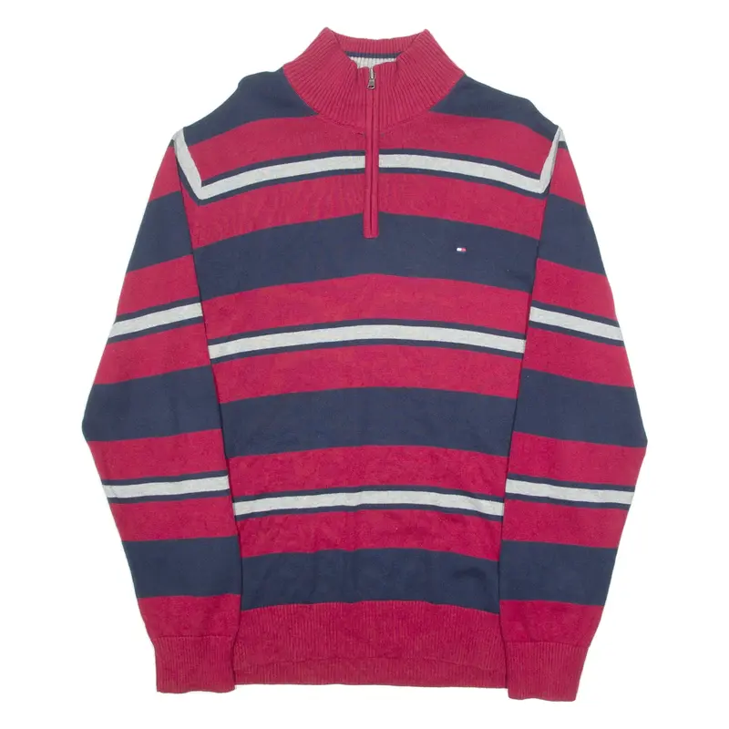 TOMMY HILFIGER Mens Patterned Jumper Red Striped 1/4 Zip Tight Knit 2XL