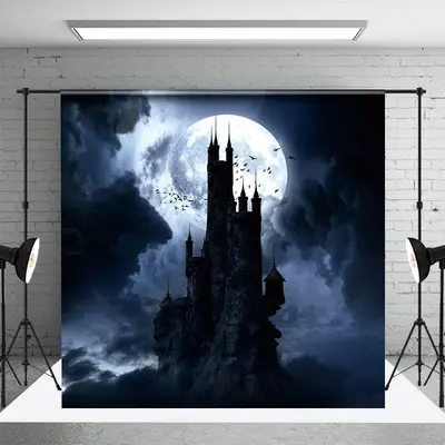 Scary Castle Dark Night Full Moon Halloween Backdrop - Aperturee