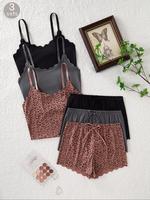 Women's Plain & Leopard Print Pajama Set, Elegant Comfy Cami Top & Shorts Set, Softness Sleepwear Set for Women, Womenswear