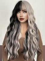 26 Inch Gray & Black Long Water Wave Wigs for Women, Gorgeous Fluffy Wigs with Blunt Bangs, Synthetic Full Machine Wigs for W...