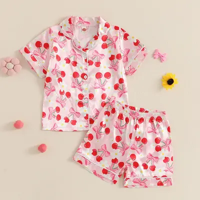 Little Girl Summer Pajama Set, Bow Berry Print Short Sleeve Button-up Tops Elastic Waist Shorts 2 Pcs Sleepwear Outfit