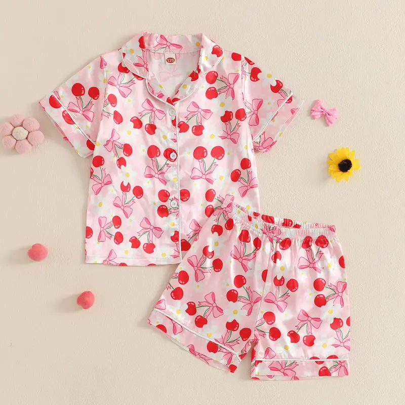 Little Girl Summer Pajama Set, Bow Berry Print Short Sleeve Button-up Tops Elastic Waist Shorts 2 Pcs Sleepwear Outfit