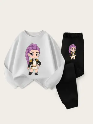 Girls' Kpop Hunter Series Long Sleeve T-Shirt & Casual Sweatpants Set, Spring & Fall Fashion, Fitted Style, Fruit Print Desig...