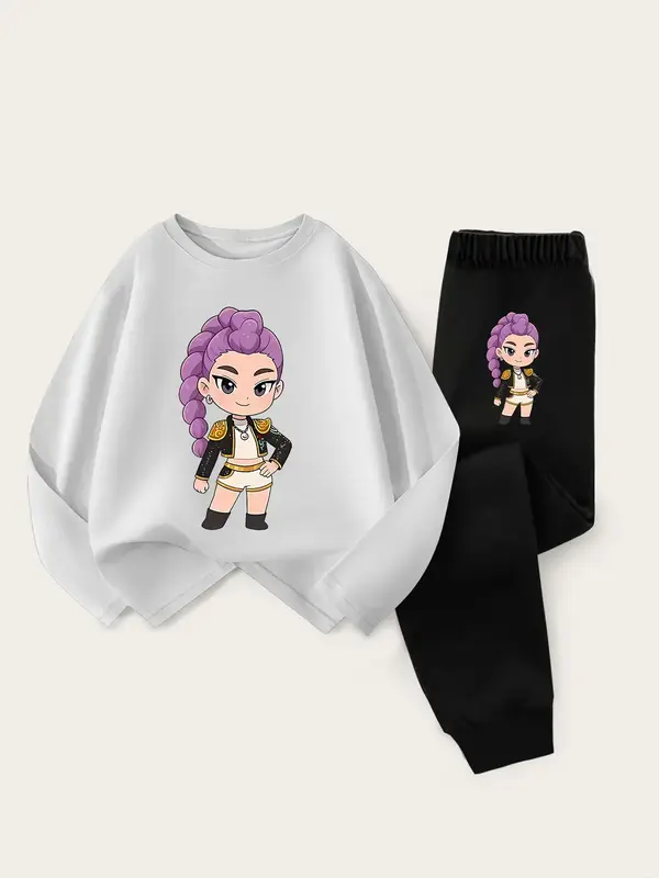 Girls' Kpop Hunter Series Long Sleeve T-Shirt & Casual Sweatpants Set, Spring & Fall Fashion, Fitted Style, Fruit Print Desig...