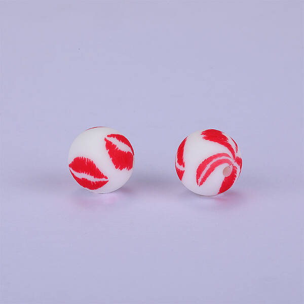 Printed Round with Lip Pattern Silicone Focal Beads