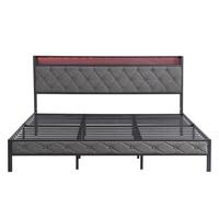 King/Queen/Full/Twin Bed Frame with Storage Headboard, Charging Station and LED Lights, Upholstered Platform Bed with Heavy M...