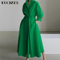 UOOZEE women's long-sleeved loose solid color lapel mid-length dress, waist design, comfortable and elegant, a must-have for ...