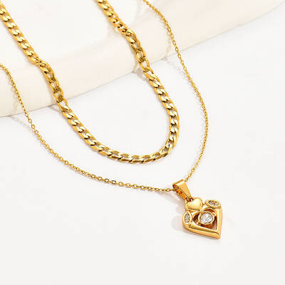 Elegant 304 Stainless Steel Cubic Zircona Heart Pendant Double Layer Necklaces