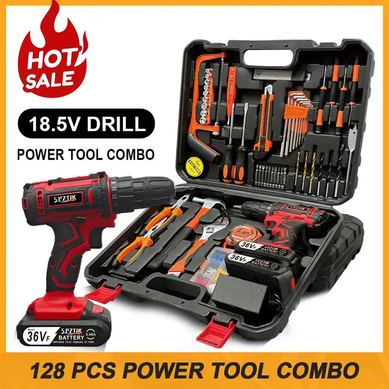 SPZTJK 128-Piece 36V Lithium lon Cordless Drill & Tool Set, Electric Screwdriver Power Tools Hand Drill Pack，Power Drill Ki...