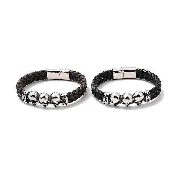 304 Stainless Steel Beaded Link Bracelet with Magnetic Clasp for Men Women
