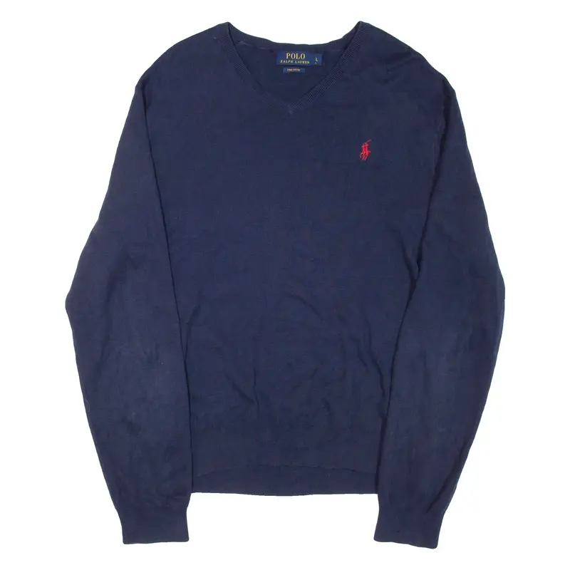 POLO RALPH LAUREN Mens Jumper Blue V-Neck Tight Knit L