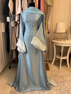 Satin Meera Abaya with Double Pleated Sleeves - Light Blue