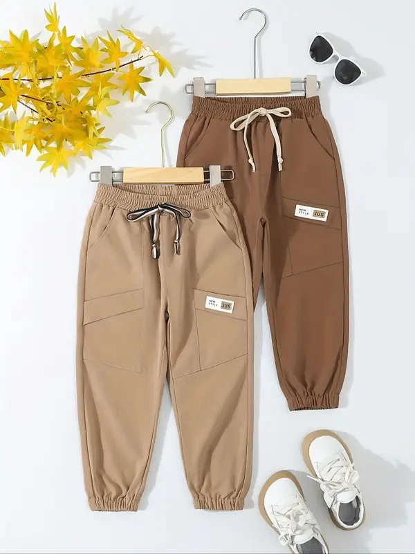 Boy's Letter Patched Pocket Elastic Waist Jogger  Pants, Street Fashion Casual Tie Front Trousers for Daily Wear, Kids Bottom...
